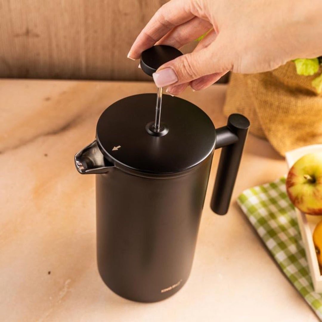 KINGHoff French Press 1 Liter, Mattschwarz, Doppelwandiger Edelstahl, Feinmaschiger Edelstahlfilter,