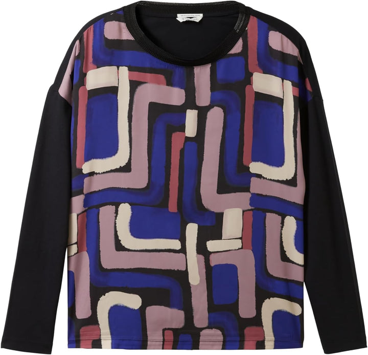 TOM TAILOR Damen Basic Langarmshirt mit Muster XXS 33970 - Black Abstract Design, XXS 33970 - Black