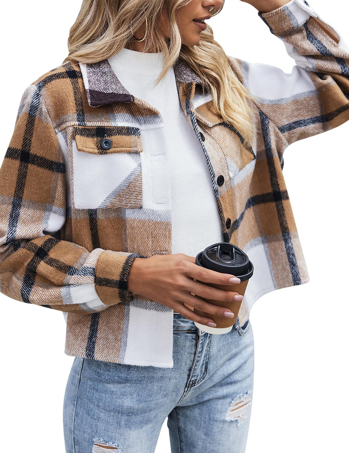 Zeagoo Damen Flanell Jacke Karierte Langarm Kurzjacke Revers Button-Down Shacket Mantel Braun 554 XS