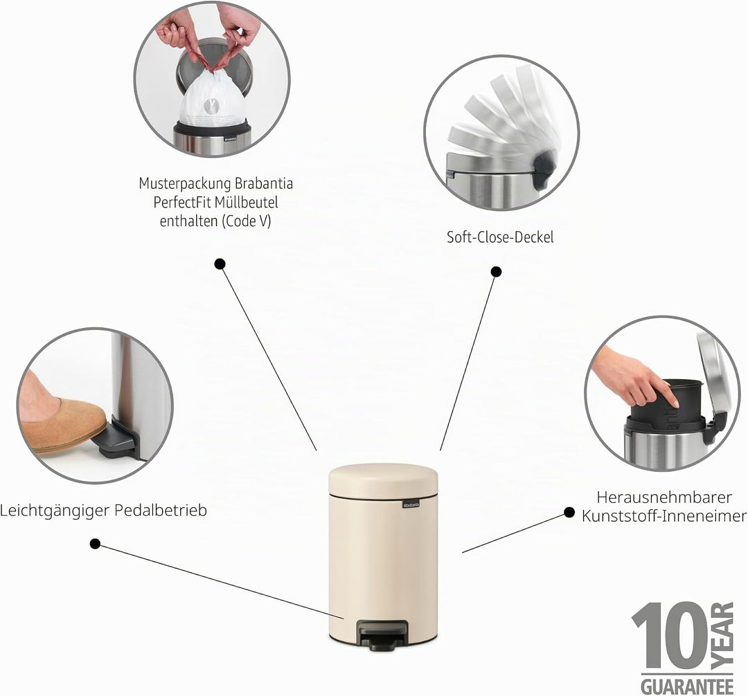 Brabantia - NewIcon Treteimer 3L - Kleiner Abfalleimer für Bad oder Toilette - Sanft Schliessender D