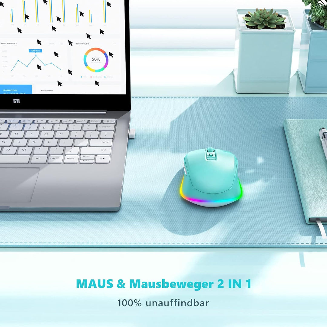 seenda Kabellose Maus mit Jiggler, RGB-Beleuchtung, 2000 DPI, Blaugrün | Wiederaufladbare 2.4G USB V
