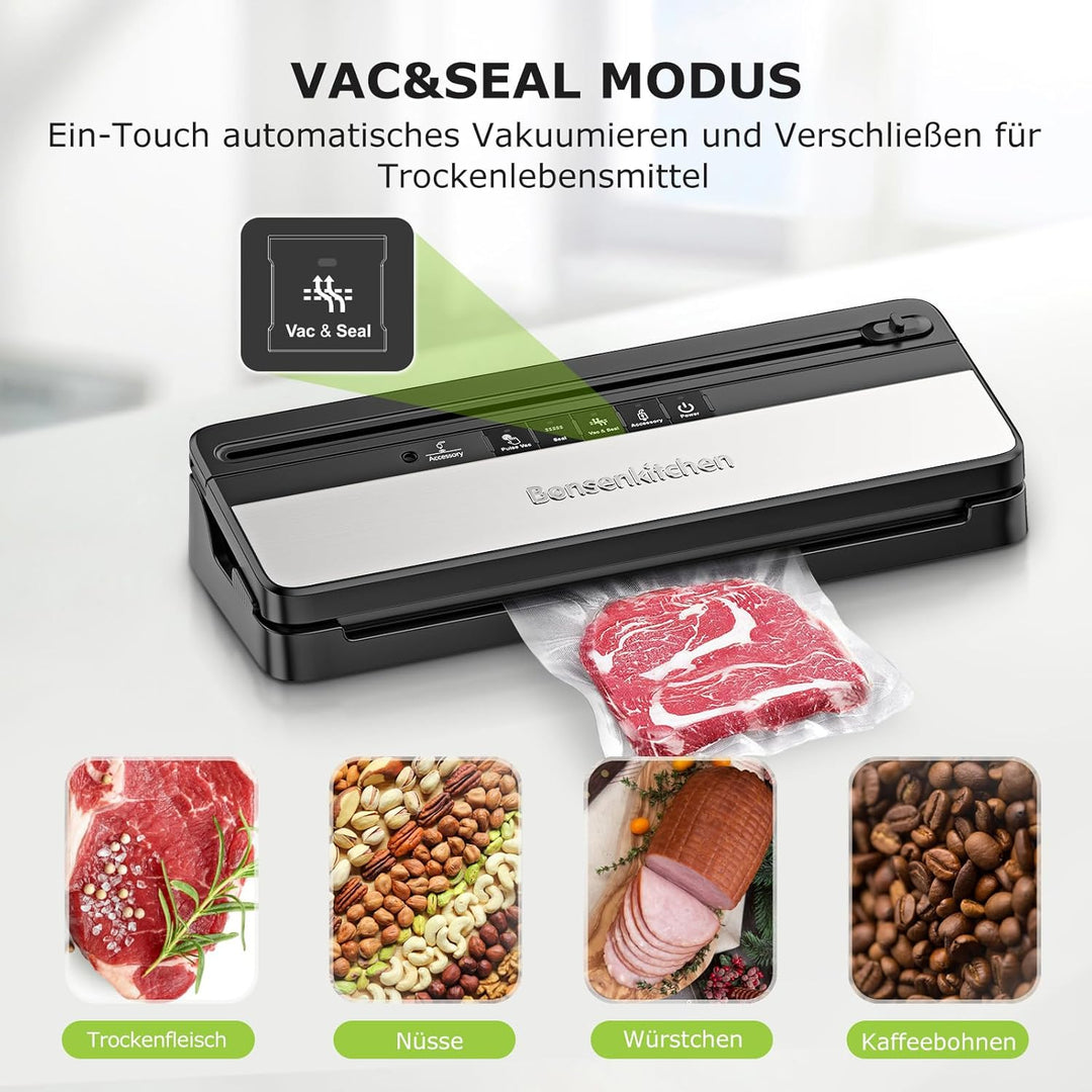 Vakuumiergerät, Multifunktions-Vakuumierer mit 50 Vakuumbeutel und 1 Vakuumrolle, Eingebautem Cutter