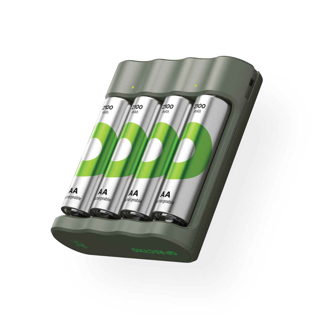 GP ReCyko USB Batterie Ladegerät AA AAA incl. 4 Stück Akku AA 2100mAh, NiMH 1,2V Akku Ladegerät mit