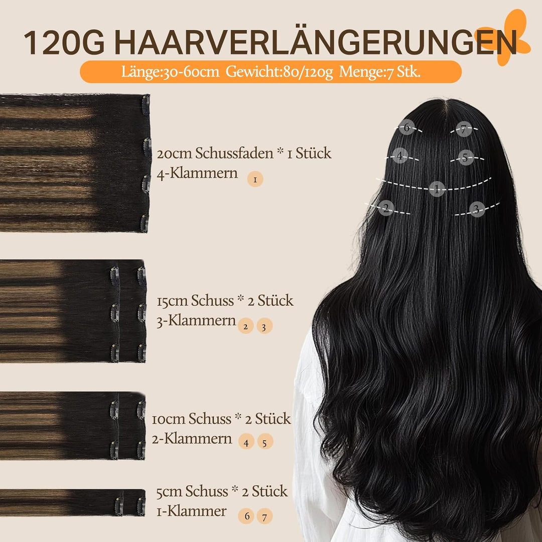 DOORES Haarverlängerungen Clip in Extensions Echthaar, Balayage Natürliches Schwarz bis Chestnut Bra