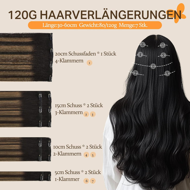 DOORES Haarverlängerungen Clip in Extensions Echthaar, Balayage Natürliches Schwarz bis Chestnut Bra