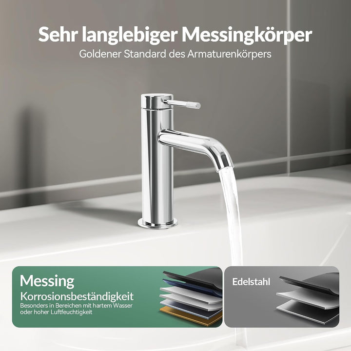 ALPHA HOME Wasserhahn Bad, Waschtischarmatur mit Anschlussschlauch Waschbecken Armaturen Chrom Matt