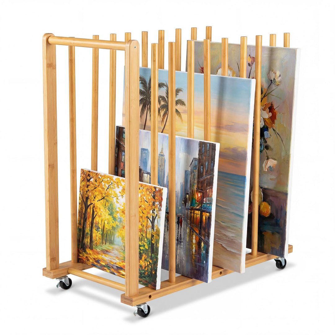 COSTWAY Leinwand Aufbewahrungsregal Bambus, Trockengestell mobil für Kunst | Kunst-Aufbewahrungsstän
