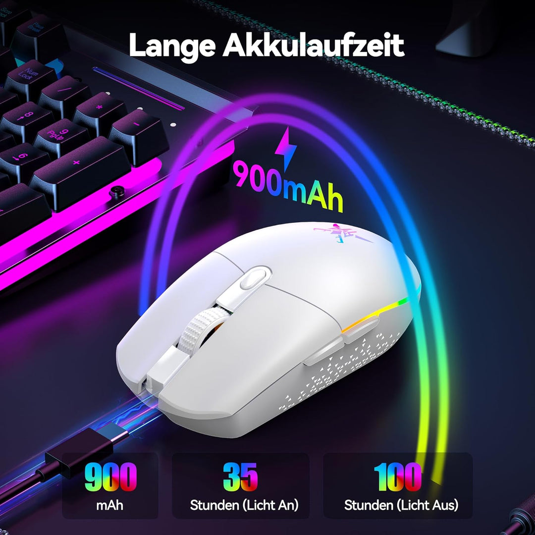 TECKNET Kabellose Gaming-Maus, RGB 2.4G/USB-C Kabelgebundene Gaming-Maus, 8000 DPI Wiederaufladbar,