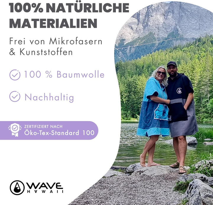 WAVE HAWAII EL Yaque Surfponcho Grau-Schwarz für Körpergrössen von 160-190 cm, Sommer Poncho 100% ÖK