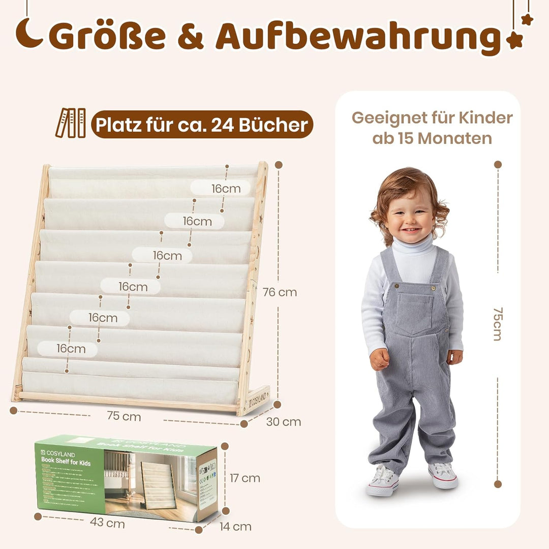 COSYLAND Bücherregal Kinder mit 6 Oxford-Stoff Fächern - Kinderbücherregal aus Naturholz - Bücherreg