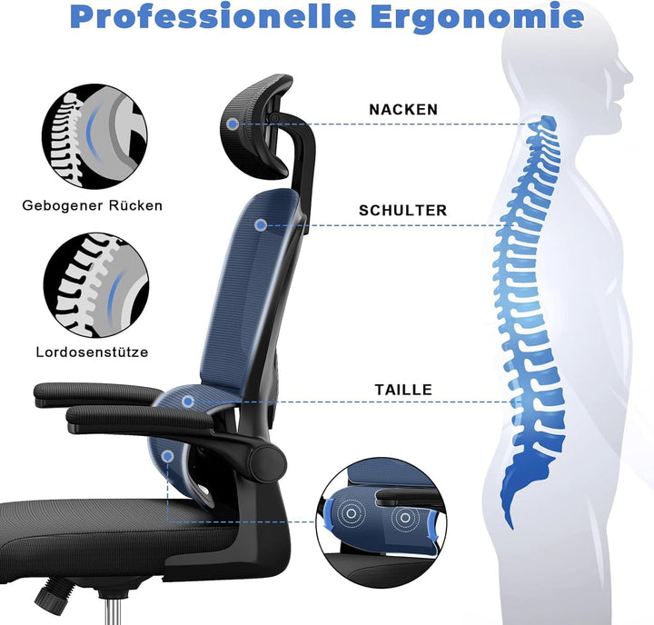 naspaluro Bürostuhl Ergonomischer, Schreibtischstuhl mit Hochklappbaren Armlehnen, Dynamischer Lordo
