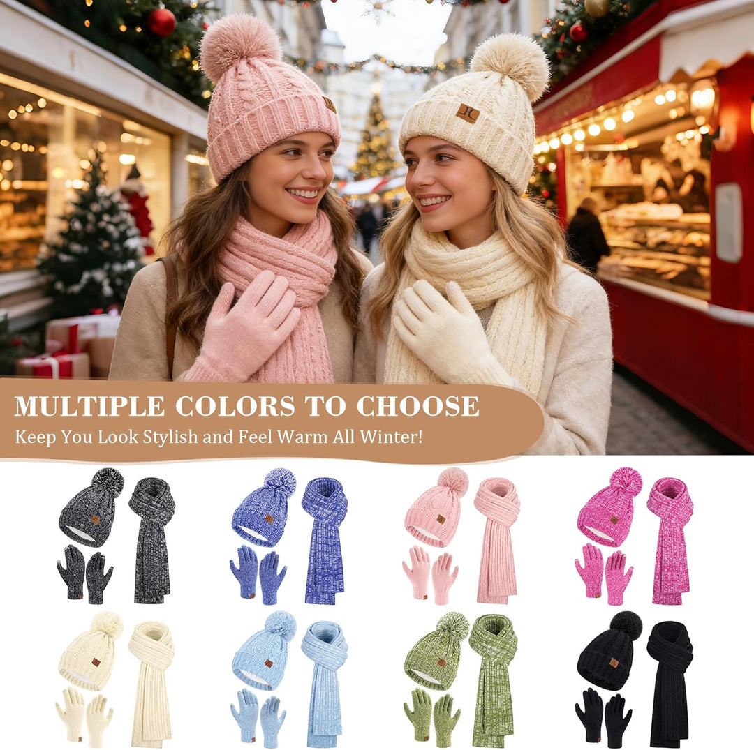 Bequemer Laden Damen Winter Warm Pompom Mütze Touchscreen Handschuhe Lang Schal Set mit Fleece Gefüt