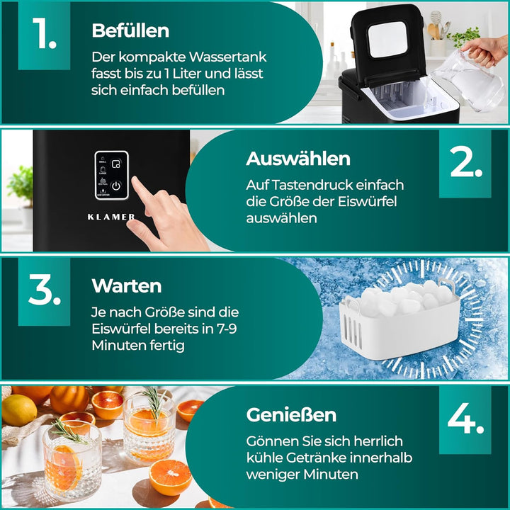 KLAMER Eiswürfelmaschine klein (2025), 8 Eiswürfel in 8 Minuten, 11 kg Eiswürfel pro Tag, 2 Eiswürfe