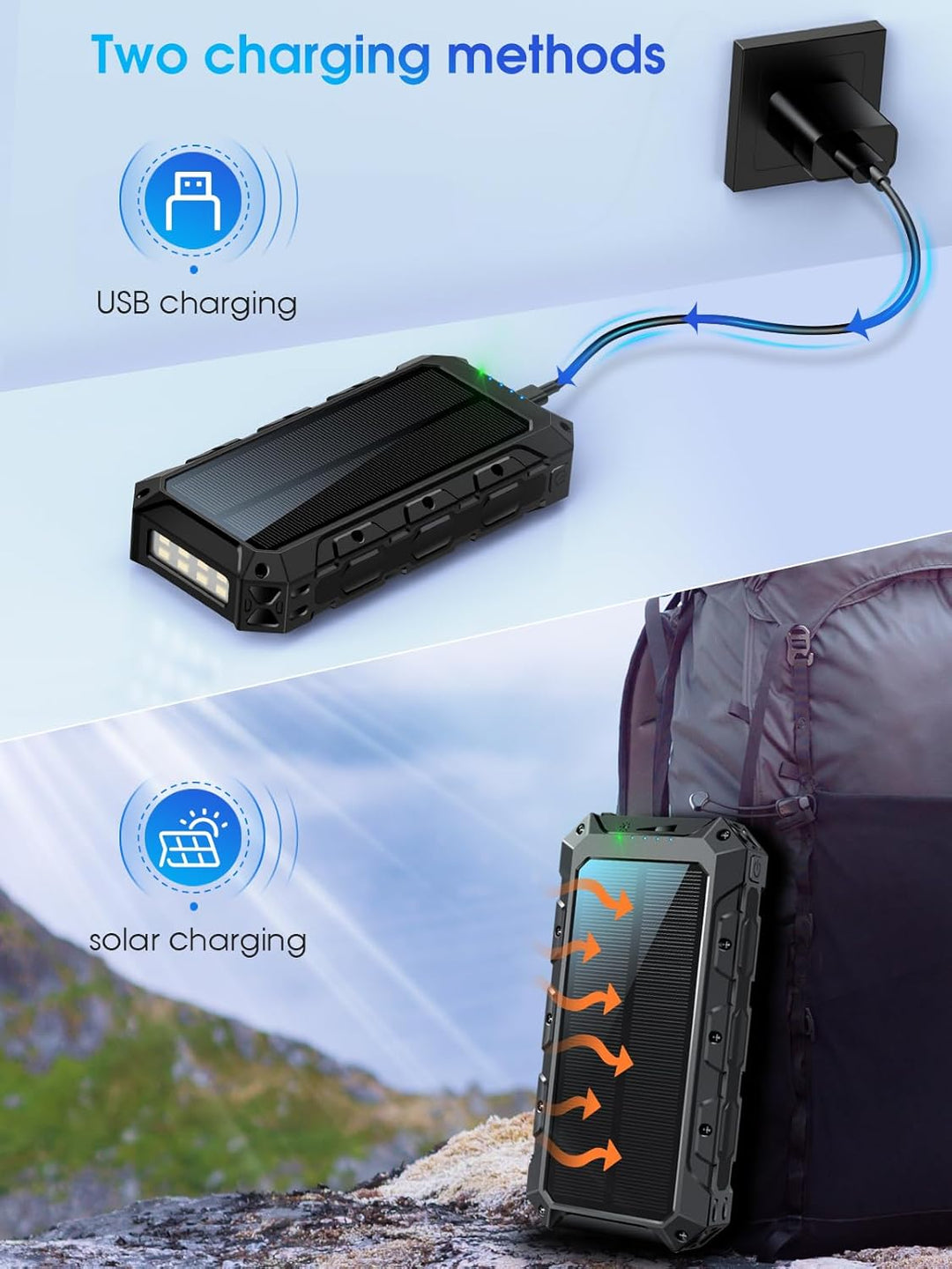 Solar Powerbank 26800mAh, 30W PD 3.0A USB C Power Bank Schnellladen mit 3 Kabeln, (2 USB & 1 Type-c)