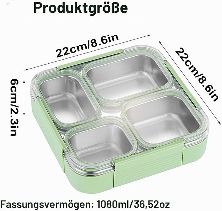 Snackbox mit Fächern Edelstahl,1080ML Snackdose mit 4 Fächern, Meal Prep Behälter Kinder, Wiederverw