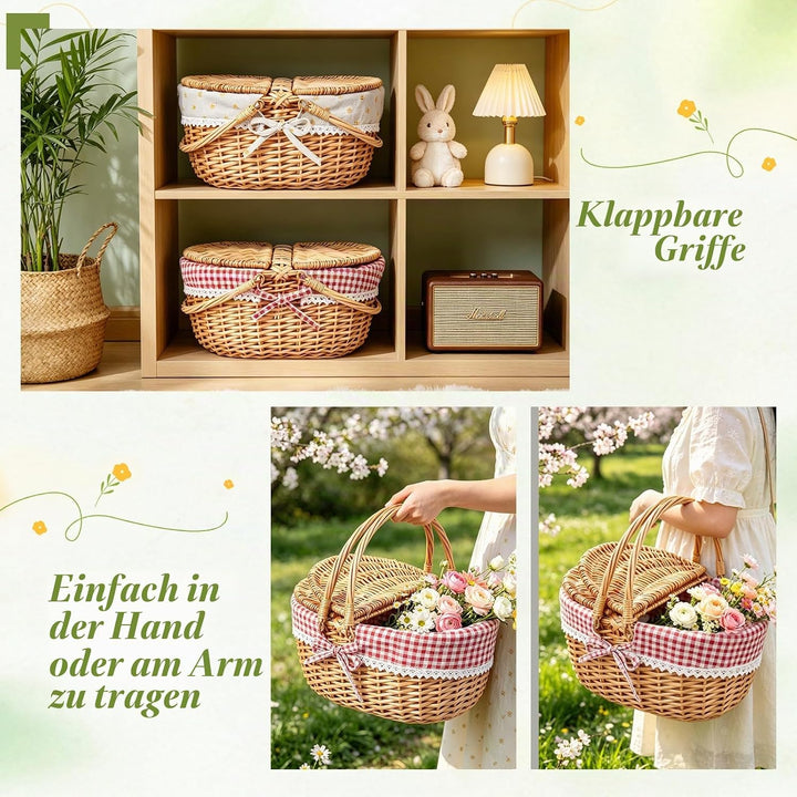 Picknickkorb,Picknickkorb 2 Personen mit Doppelt zu öffnendem Deckel und Klappbarem Griff,Picknick K
