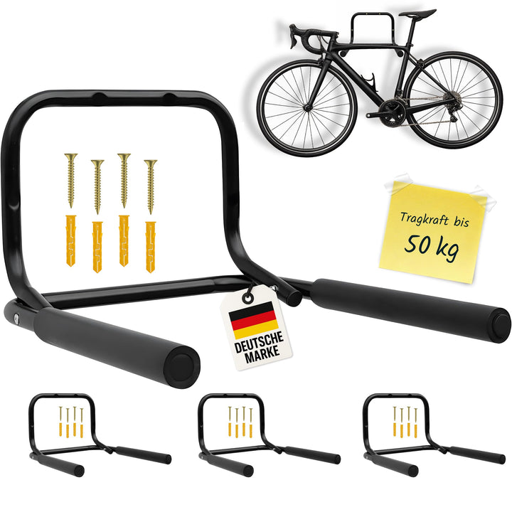 4x WELLGRO® Wand Fahrradhalter - Stahl, schwarz, klappbar, Tragkraft bis 50 kg, Wandmontage, weiche