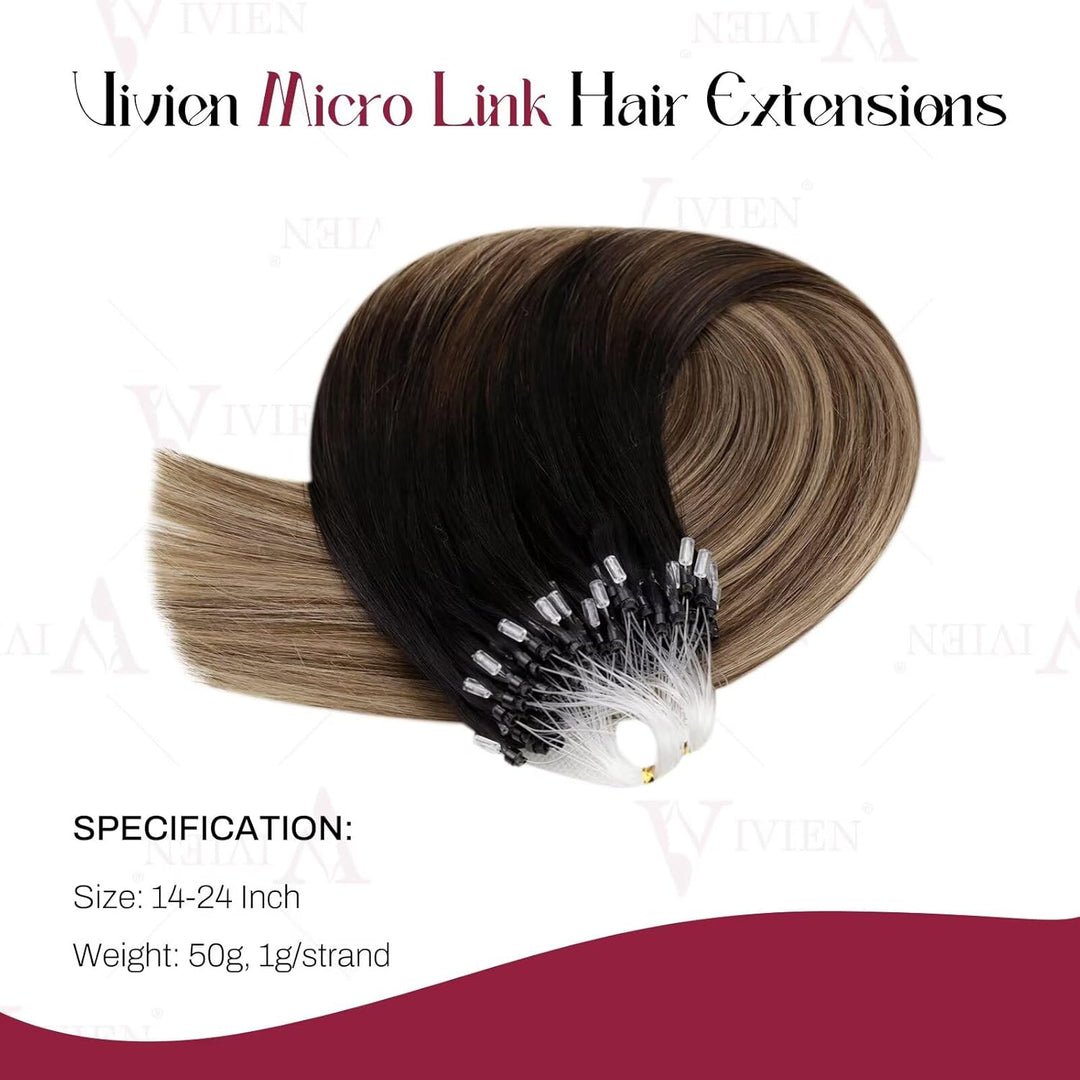Vivien Microring Extensions Echthaar Balayage Schwarz 35cm Micro Beads Extensions Menschliches Haar
