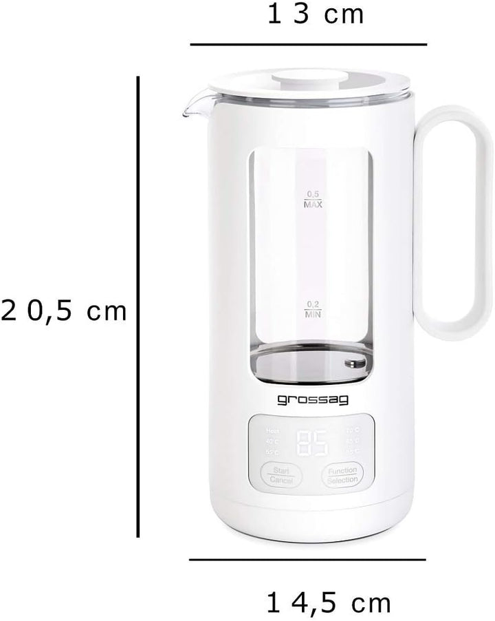 grossag Glas-Wasserkocher WK 8.00 mit Glas-Topf 0,5 Liter, BPA frei für Tee und Babynahrung White, W