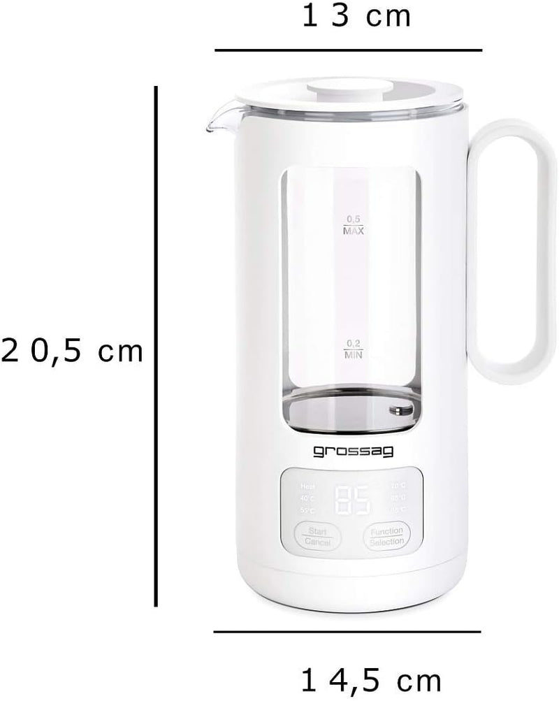 grossag Glas-Wasserkocher WK 8.00 mit Glas-Topf 0,5 Liter, BPA frei für Tee und Babynahrung White, W