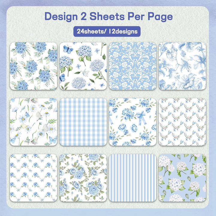Scrapbook Papier 30x30 Scrapbook Bastelpapier mit Blumen Muster, Blau Scrapbooking Papier Frühling M