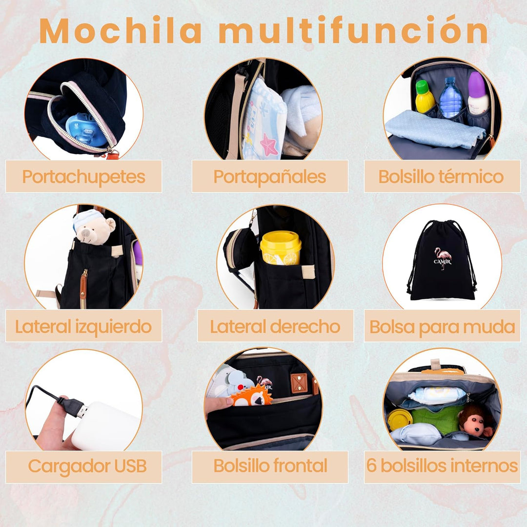 CAMIR Wickelrucksack, Rucksack für Kinderwagen, Wickeltasche, Mutterschaft, tragbar mit Haken für Ki