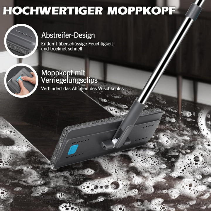 MASTERTOP Bodenwischer Set mit Eimer, Flacher Wischmopp mit 6 Mikrofaser Pads für Nass-Trockennutzun