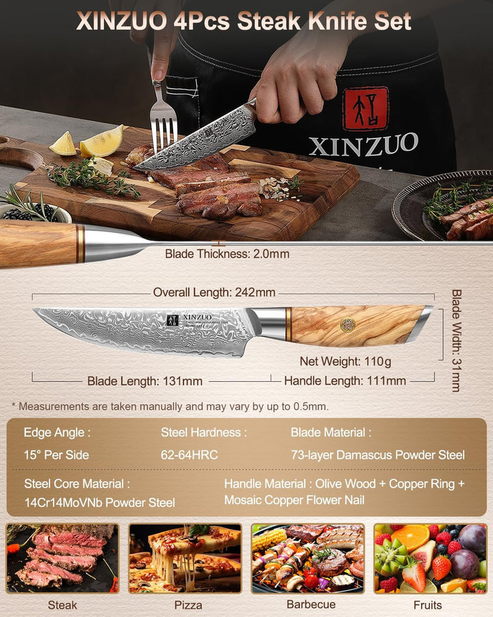 XINZUO Damaststahl Steakmesser Set 5er -73 Schichten Damastpulverstahl Steakbesteck mit Akazienholz