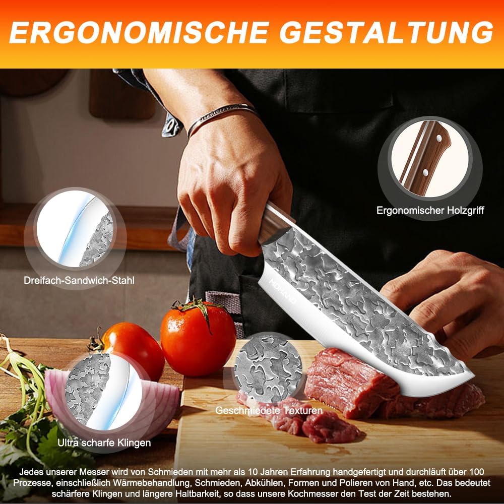 KEPEAK 4-Teilig Profi Metzgermesser Set mit Filetiermesser & Hackmesser & Ausbeinmesser und Schleifs