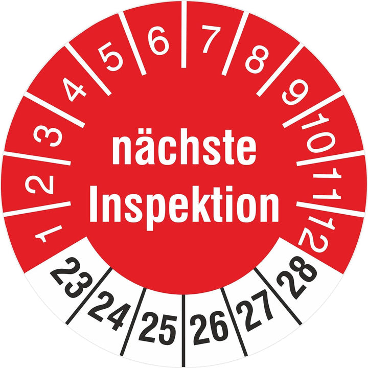 1000 Stück Prüfplaketten Nächste Inspektion 30 mm Prüfetiketten 2023-2028 Rollenware stark haftend 1