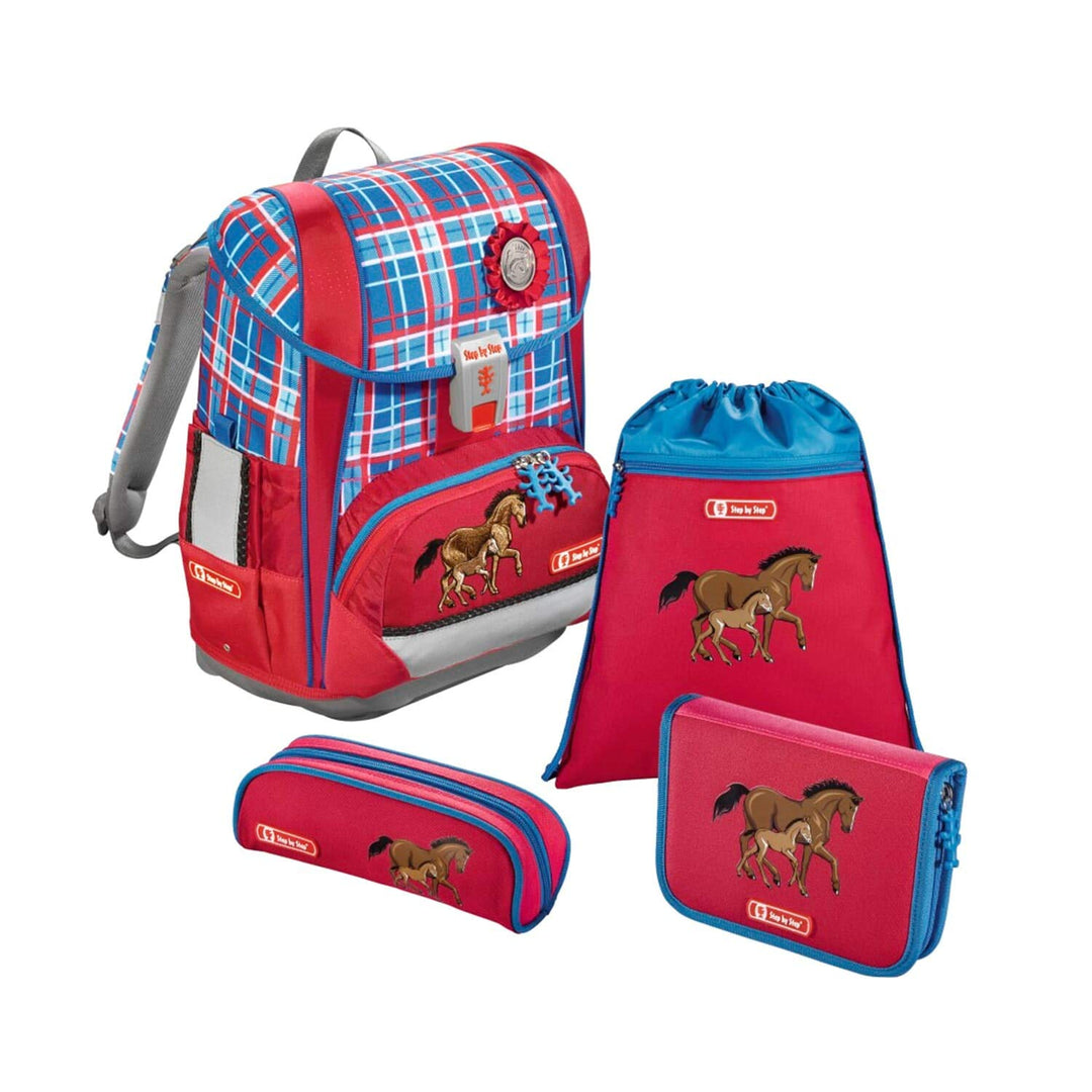 Step by Step Schulranzen-Set LIGHT „Horse Family“ 4-teilig, blau-rot, Pferde-Design, ergonomischer T