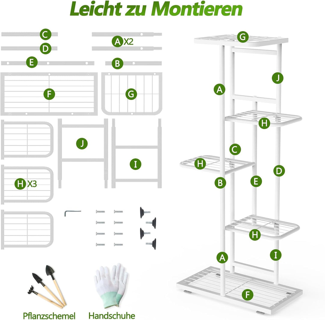MAIJIAJU 5 Etagen Blumenständer Weiss mit Gartengeräte und Handschuhe, 95cm Hoch Pflanzenständer Met