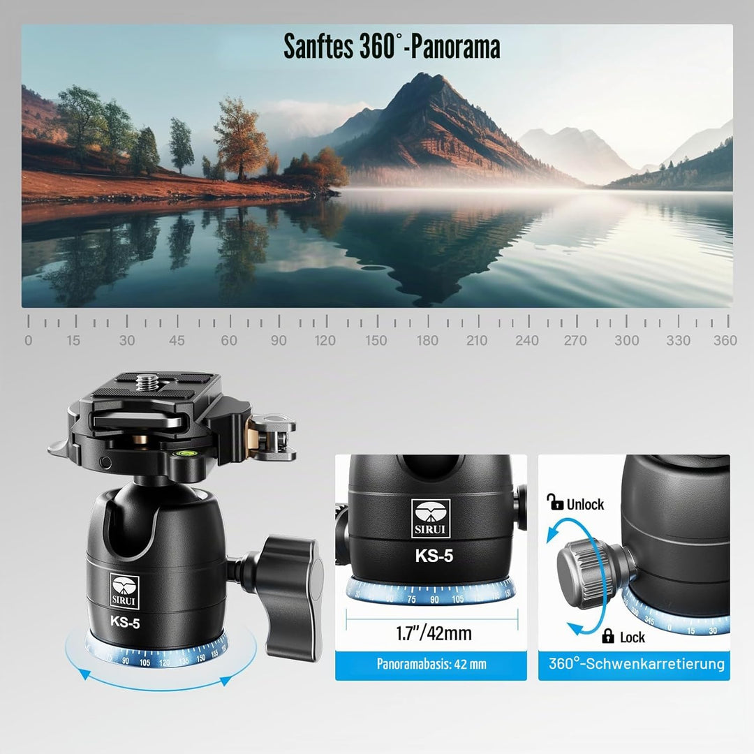 SIRUI KS-5 Kugelkopf Low Profile für Stativ, 29 mm 360° Panorama Aluminium Stativkopf für Kamera, Ca