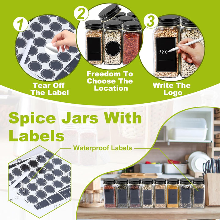 YRHome 24 Stück Gewürzgläser Eckig Set Gewürzglas Aus Glas Spice Jars 120ML Gewürzdosen Mit Etikette