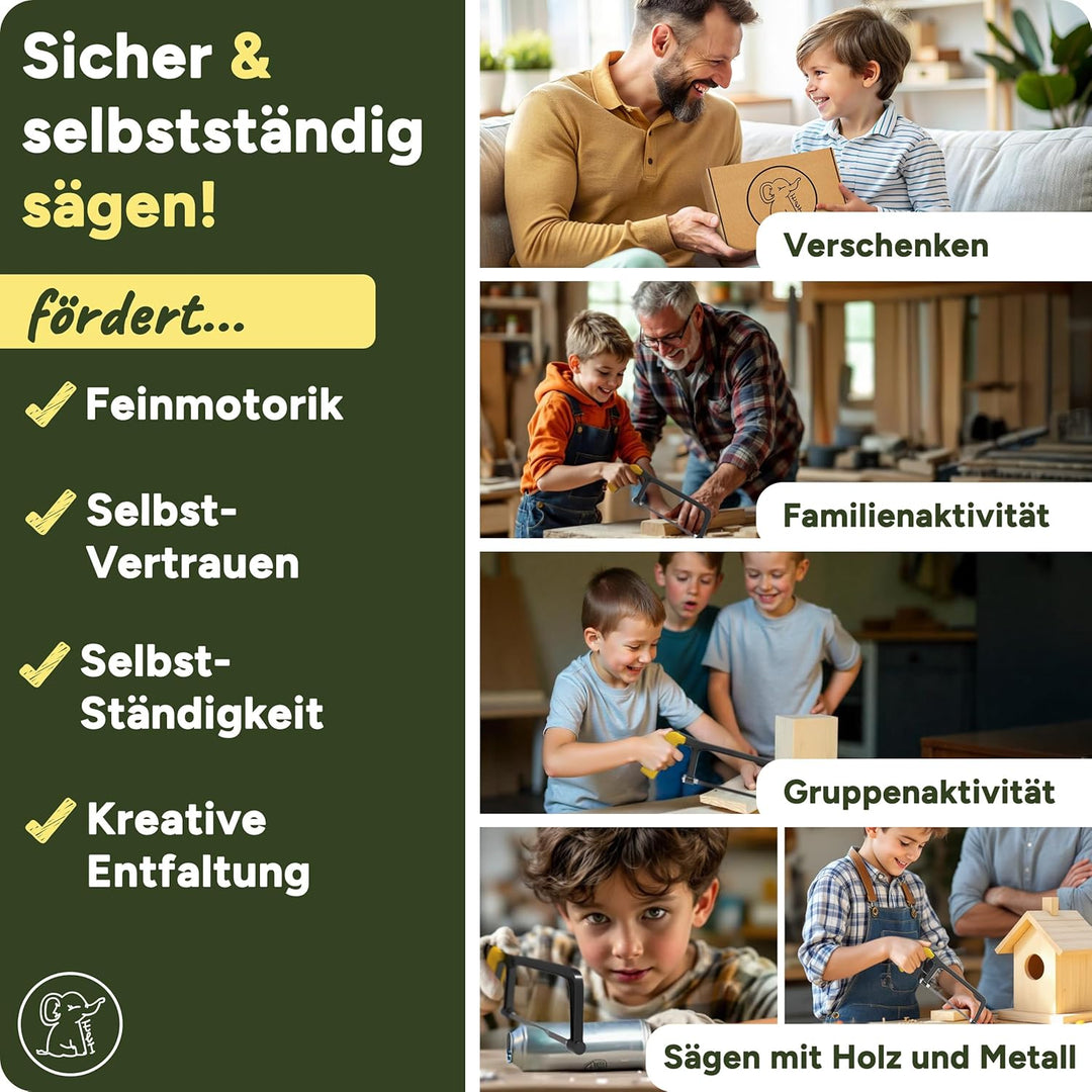 Eli® Kindersäge ab 6 Jahre inkl. 4 Sägeblätter für Holz und Metall und Bastelholz- echte Bügelsäge z