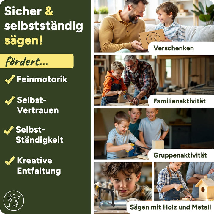 Eli® Kindersäge ab 6 Jahre inkl. 4 Sägeblätter für Holz und Metall und Bastelholz- echte Bügelsäge z