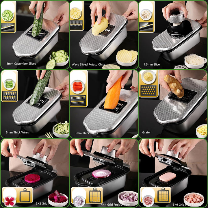 9-in-1 Gemüseschneider Set 11-teilig, Mandoline Gemüsehobel mit Edelstahlklingen, inkl. Fingerschutz