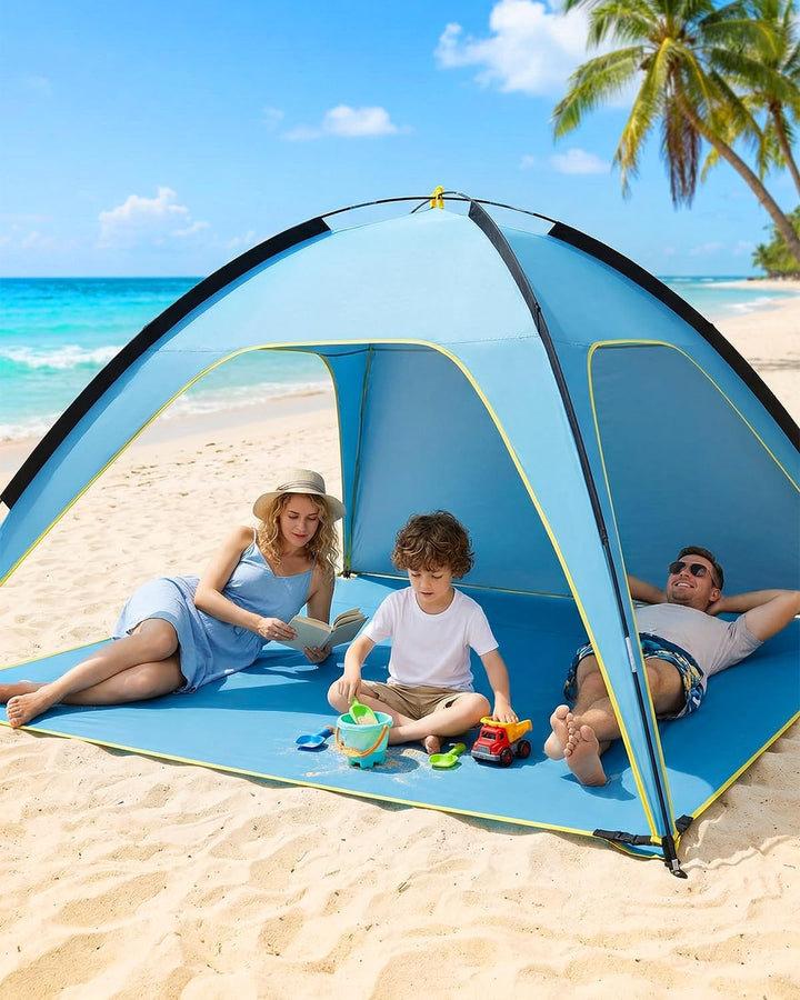 MYMULIKE Strandzelt UV50+ Sonnenschutz, 210x210x130cm 4-6 Personen, 190T Polyester mit 8mm Fiberglas