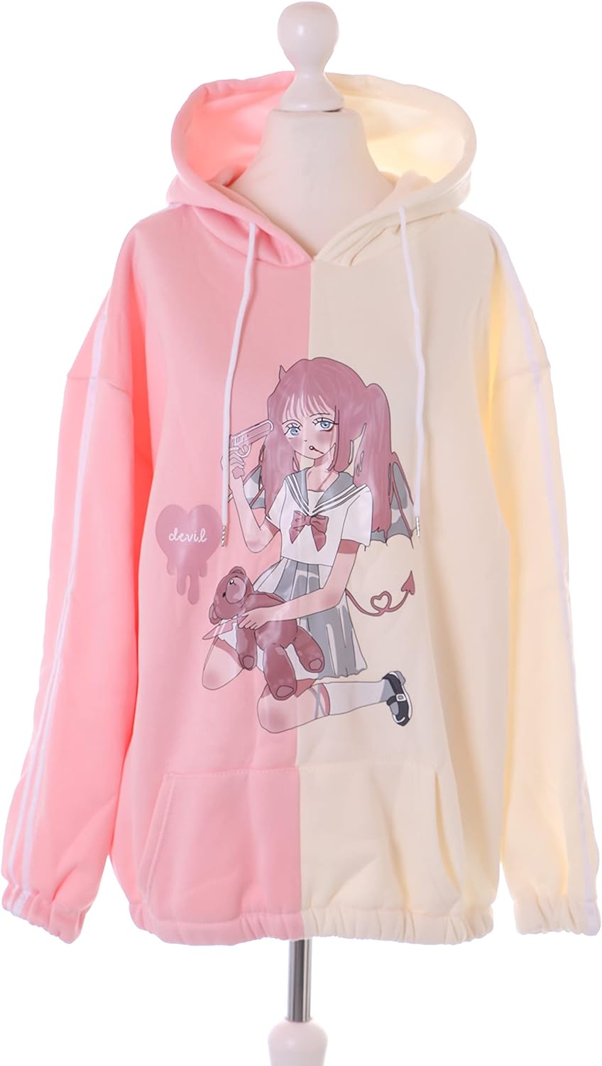 Kawaii-Story TS-313-3 Rosa beige Patch Manga Zeichnung Grafik Hoodie Sweatshirt Pullover Pastel Goth