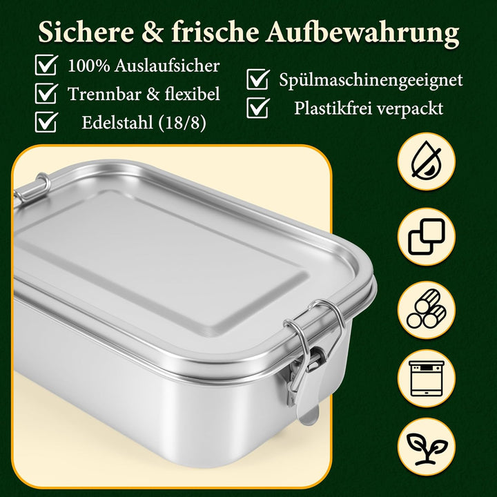 Brotdose Edelstahl 1400ml gross mit 2 Trennwänden, Auslaufsichere Lunchbox für Arbeit, Schule & Outd