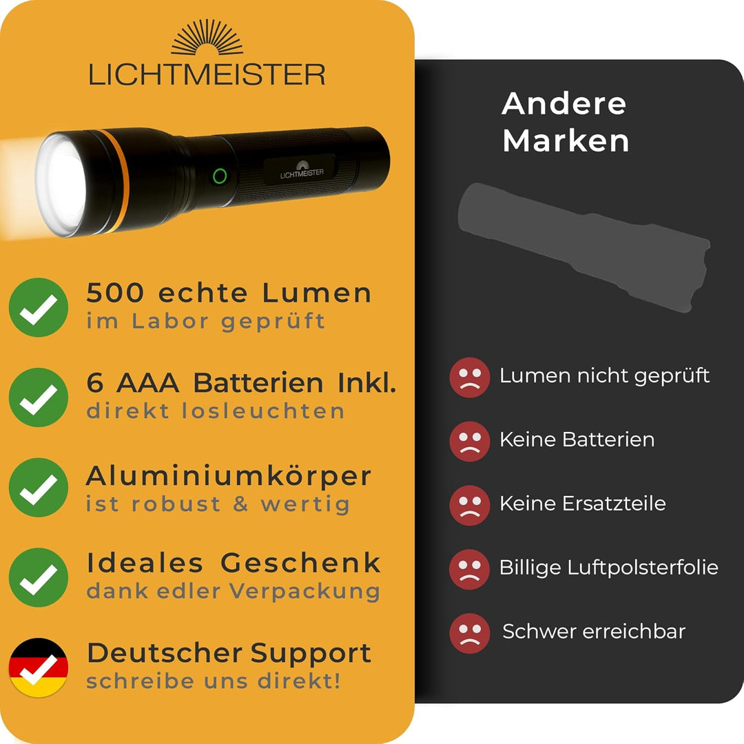 LICHTMEISTER® Taschenlampe (500 Lumen mit AAA Batterien) - Taschenlampe LED - LED Taschenlampe extre