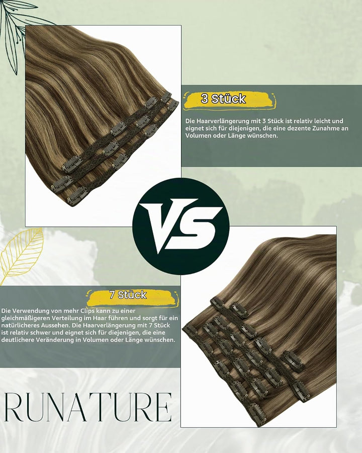 RUNATURE Echthaar Extensions Clip Braun Hervorheben 25cm 3pcs Clip in Extensions Echthaar Seamless C