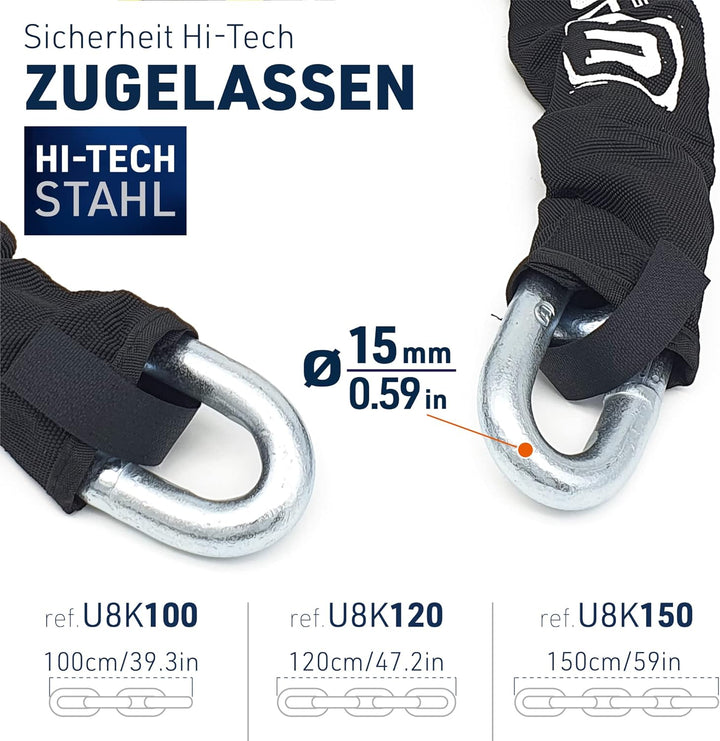 URBAN U8K100 Kettenschloss Motorrad Motorradschloss Vorhängeschloss und Kette, Sicherheit 20/20 mit
