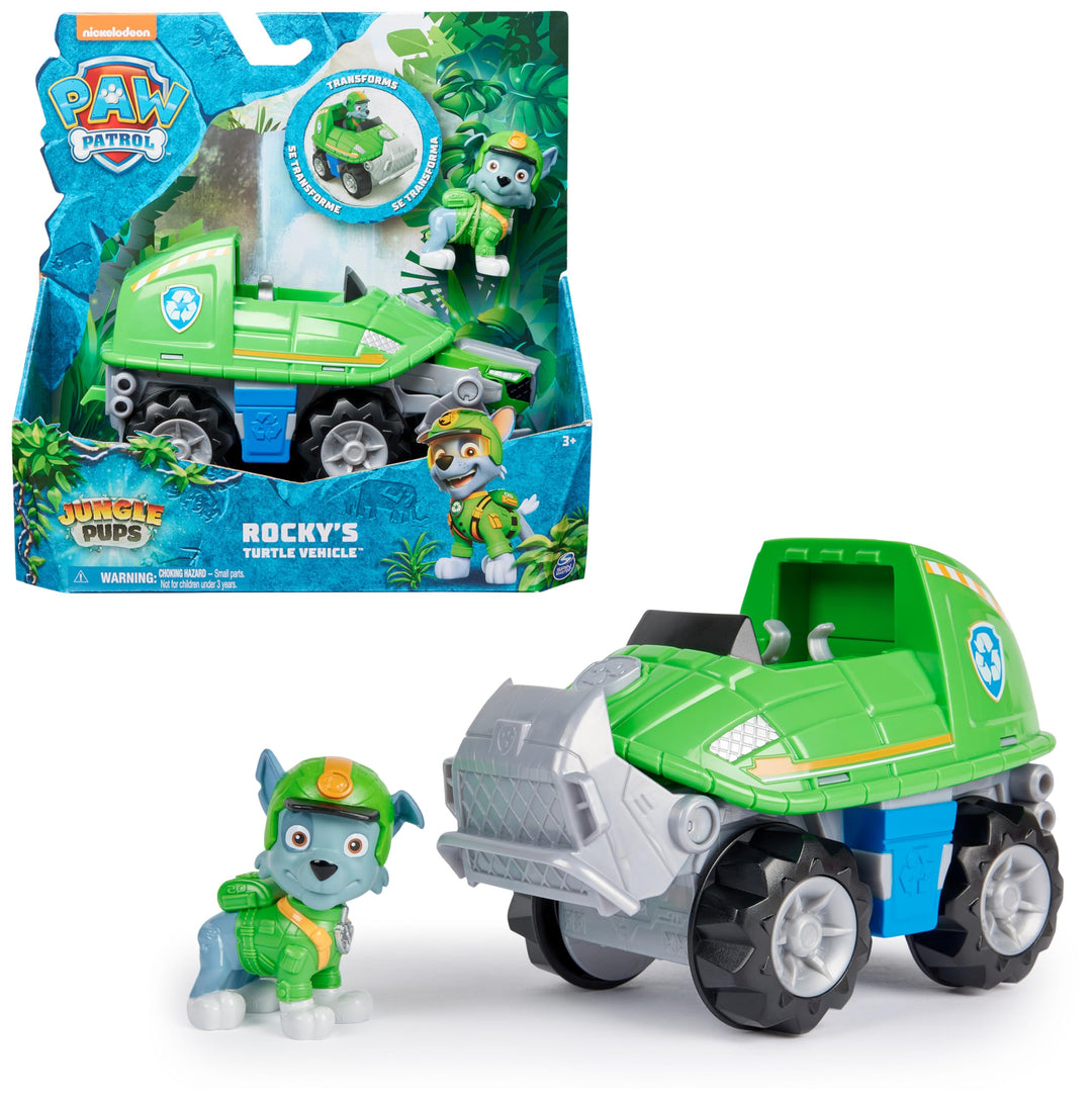 PAW PATROL Jungle Pups – Schnappschildkröten-Fahrzeug mit Rocky-Figur (Basis Fahrzeug), Spielzeug fü