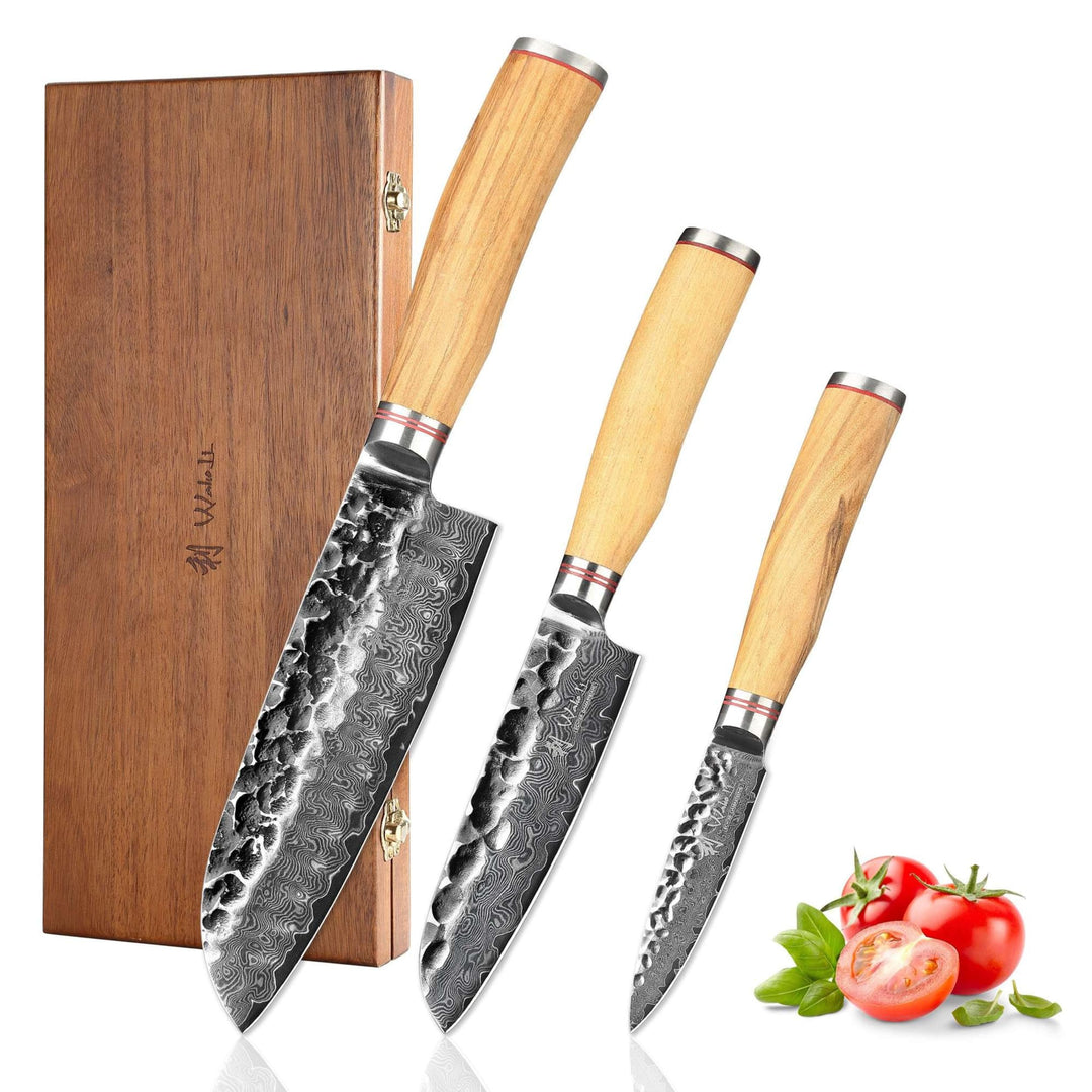 Wakoli Olive HS 3er Damastmesser-Set I 9 bis 17,5 cm Klingen gefertigt aus 67 Lagen echtem Damaststa