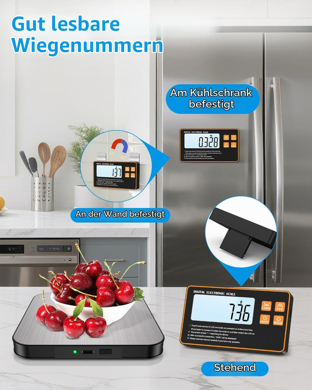 [Neu] Brifit Digitale Küchenwaage 15kg/1g mit Abnehmbarem Display – Wiederaufladbare Küchenwaage mit