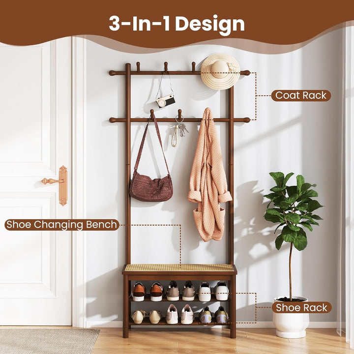 FANTASK Garderobenständer mit PE-Rattan Schuhbank, 71 x 30 x 169,5 cm, Kleiderständer mit Schuhregal