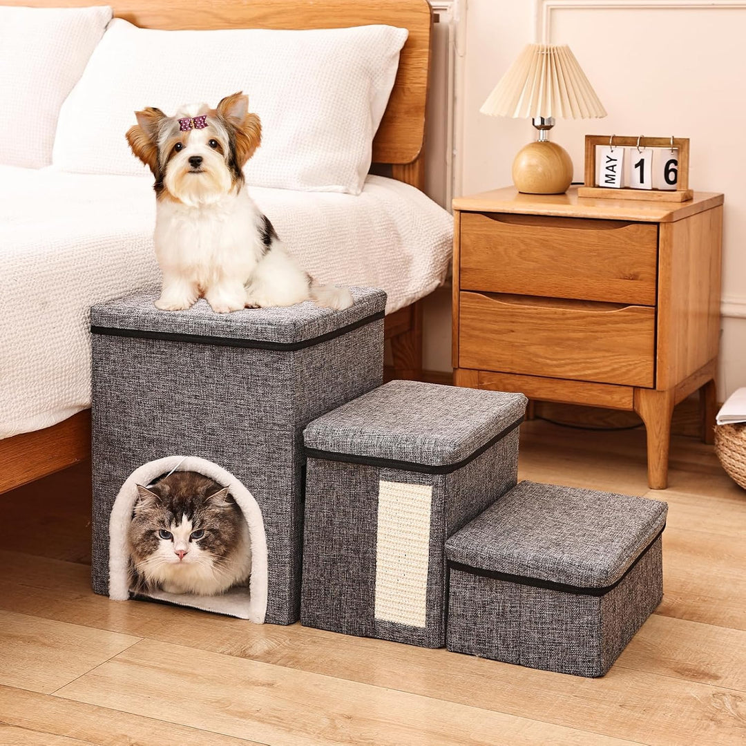 4 in 1 Faltbare Hundetreppe für Bett &amp; Sofa, 3 Stufen Haustierleiter mit Aufbewahrungsboxen, Katzenh