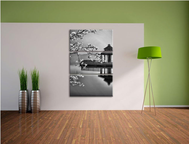 Pixxprint Kirschbaum am See als Leinwandbild/Grösse: 3 Teilig (120x80) cm/Wandbild/Kunstdruck/fertig