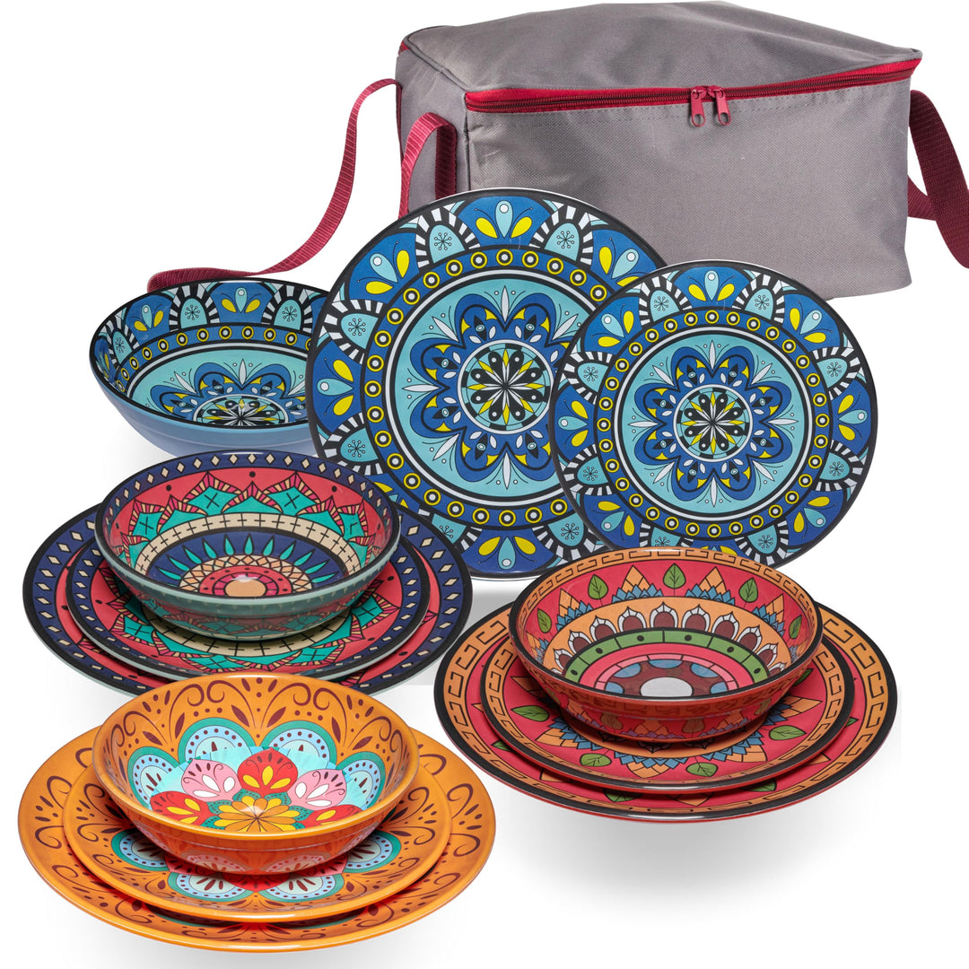 Melamin Geschirr Set Toskana Pastel für 4 Personen - BUNT - Mandala-Optik Spülmaschinengeeignet Essg